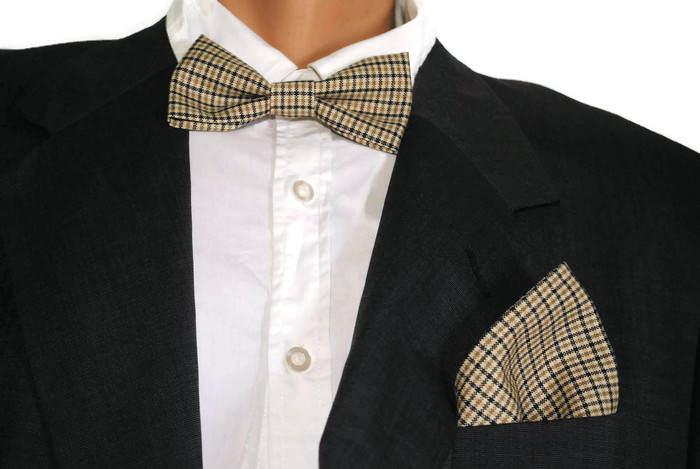 Mariage - gift him gift men brown checkered bow tie checkered pocket square plaid bowtie checkered cuff links checkered self tie bow tie for men djfu - $14.14 USD