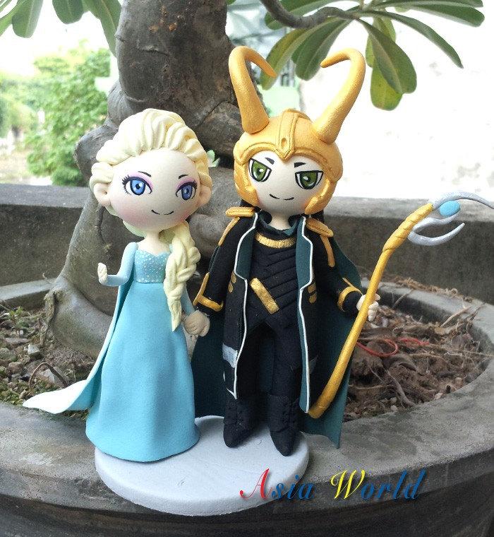 Mariage - Cake topper wedding Loki and Elsa Frozen Snow Queen clay doll,wedding anniversary clay miniature, clay figurine,AsiaWorld cake toppers