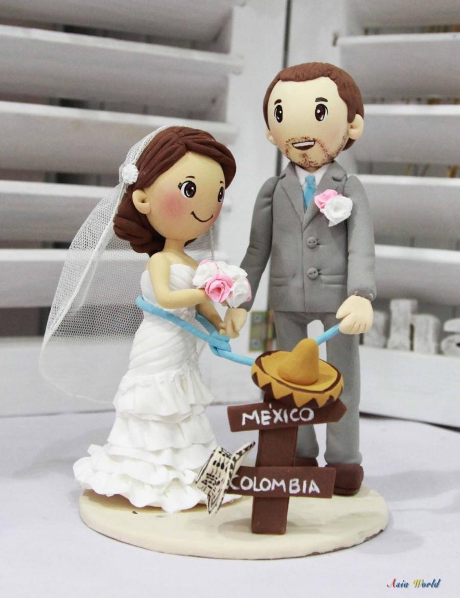 Hochzeit - Wedding cake topper Mexico and Colombia wedding clay doll with traditional sombrero & sombrero vueltiado clay miniature, clay figurine