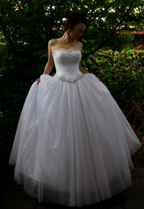 Mariage - Fairytale Dress - Bridal Dress, Sweetheart  Neckline, White Satin, French Shiny Tulle, Swarovski Rhinestones, Pleated Corset