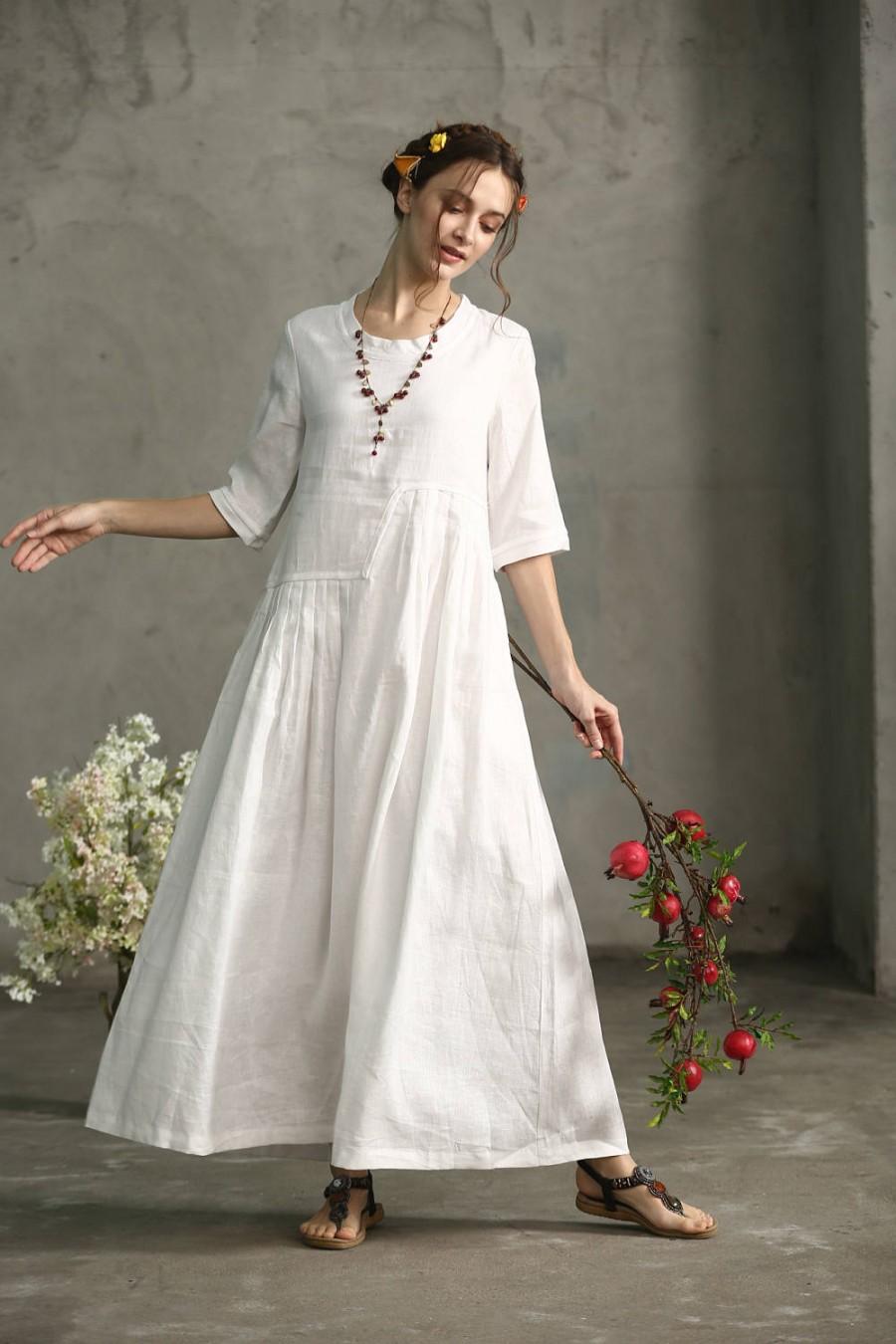 Mariage - White Dress , maxi linen dress, PLEATED WAIST,Wedding maxi linen dress , White Kaftan / Extravagant Long Dress / Party Dress, oversize dress