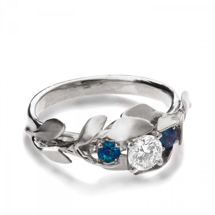 زفاف - Leaves Engagement Ring, 18K White Gold engagement ring, Sapphire ring, Conflict free, 3 Stone Ring, leaf ring, September Birthstone, 8