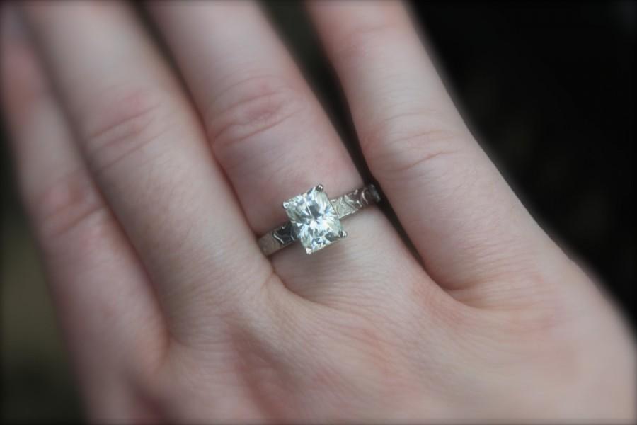 Hochzeit - moissanite engagement ring . unique emerald cut solitaire engagement ring . diamond alternative engagement ring . 14k palladium white gold