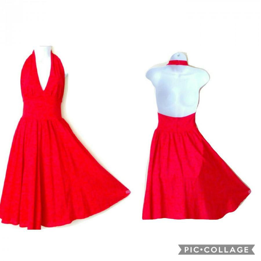 زفاف - Red Dress - Sexy - Halter - Cotton - Circle Skirt - Resort - La La Land - Tea Length - Wedding - Retro - Designer - Swing - Size Small