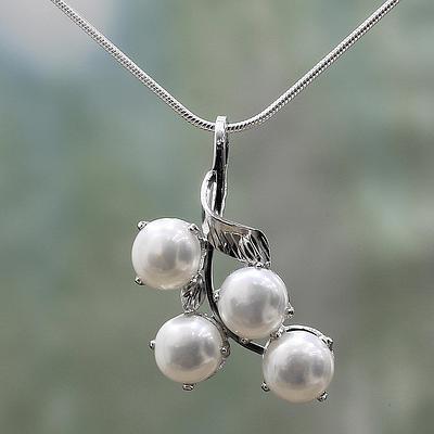 زفاف - Bridal Pearl Jewelry Sterling Silver Necklace from India, 'Angelic Bouquet'