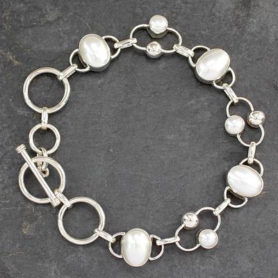 Wedding - Bridal Sterling Silver Link Pearl Bracelet from India, 'Bliss'
