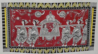 Wedding - Hindu Wedding Madhubani Painting on Handmade Paper, 'Bridal Palanquin'