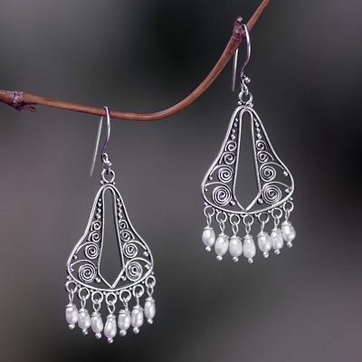 Mariage - Bridal Sterling Silver Pearl Chandelier Earrings, 'River Mountain'