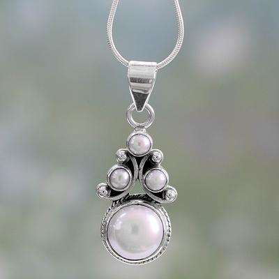 زفاف - Bridal Pearl Necklace in Sterling Silver from India, 'Angel Tree'