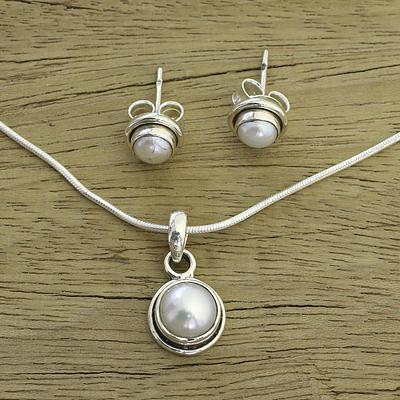 زفاف - Bridal Pearl Jewelry Set in Sterling Silver , 'White Cloud'