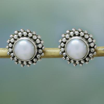 Hochzeit - Hand Made Pearl Bridal Sterling Silver Earrings, 'Moonbeams'