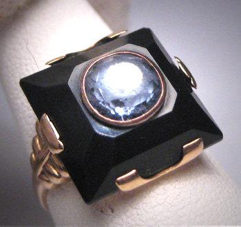 زفاف - Antique Blue Zircon Onyx Wedding Ring Rare Art Deco 1920 Gold