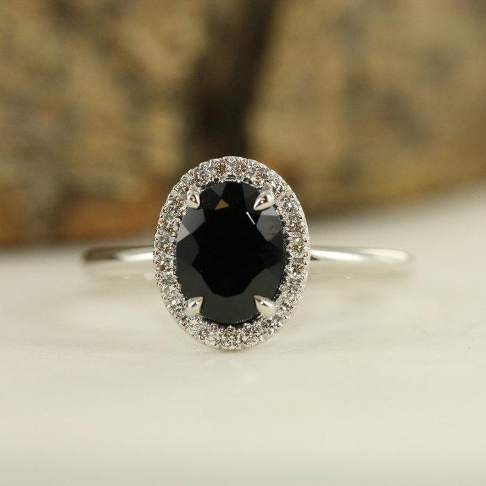 Hochzeit - Black Oval Gemstone Engagement Ring in White Gold 9X7mm Black Spinel and Conflict Free Diamond Halo Anniversary Ring - Bridal Set Available