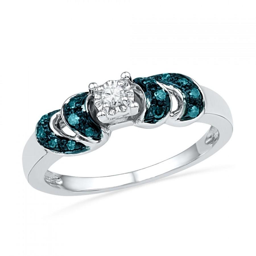زفاف - Blue and White Diamond Engagement Ring, White Gold or Sterling Silver Ring With Blue Diamond Accents, Unique Promise Ring