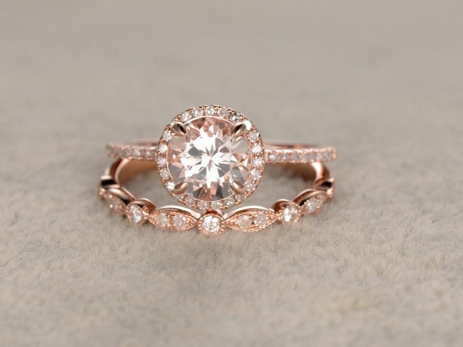 Mariage - 2 Morganite Bridal Set,Engagement ring Rose gold,Diamond wedding band,14k,7mm Round Cut,Gemstone Promise Ring,Claw Prongs,Pave Set,Handmade