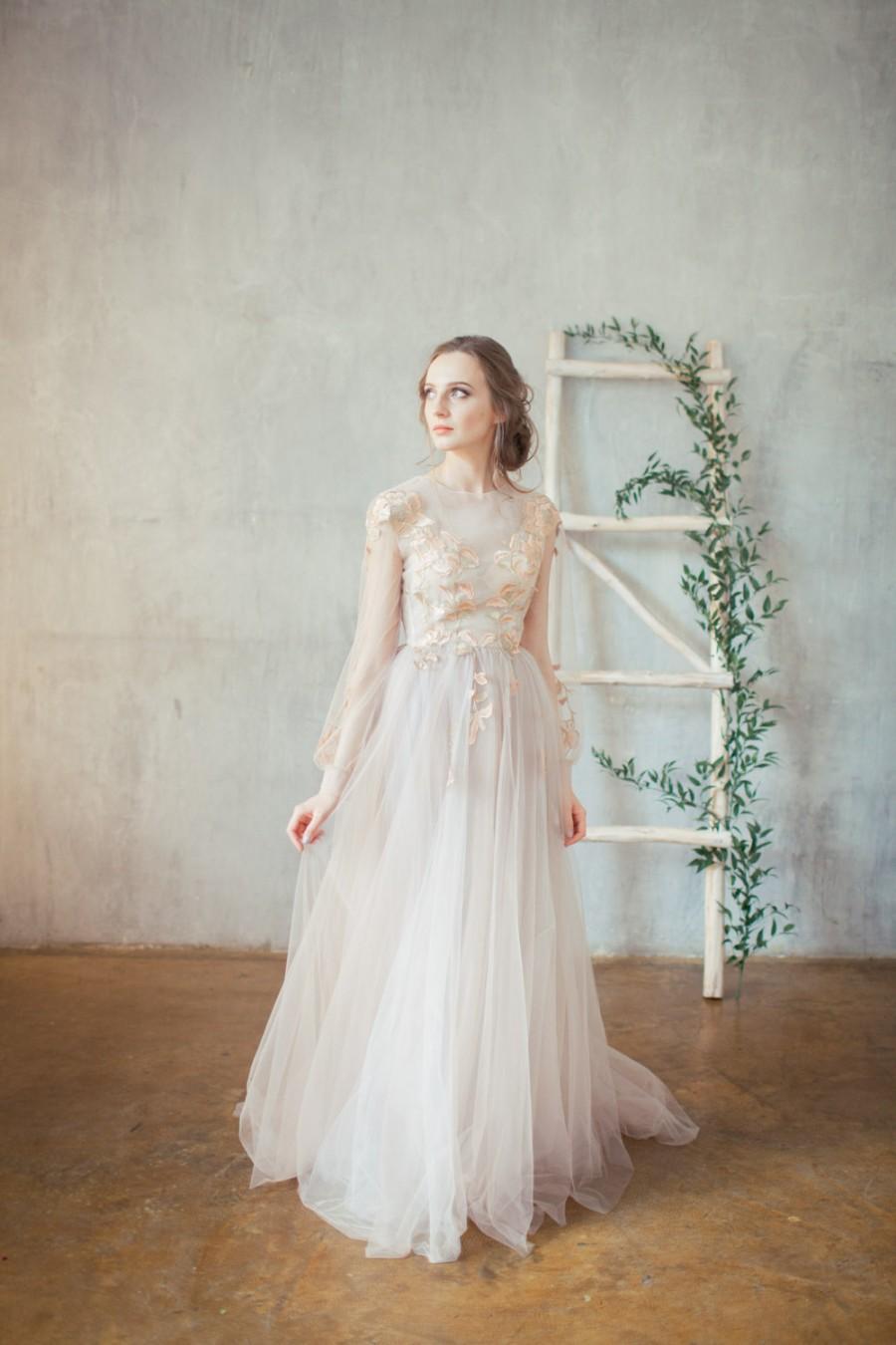 Wedding - Doren / Golden embroidered blush wedding dress / Boned