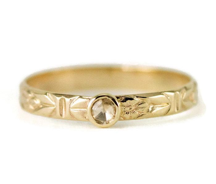 Wedding - Rose Cut Diamond Engagement Ring - 14k Gold Flower Band Diamond Ring