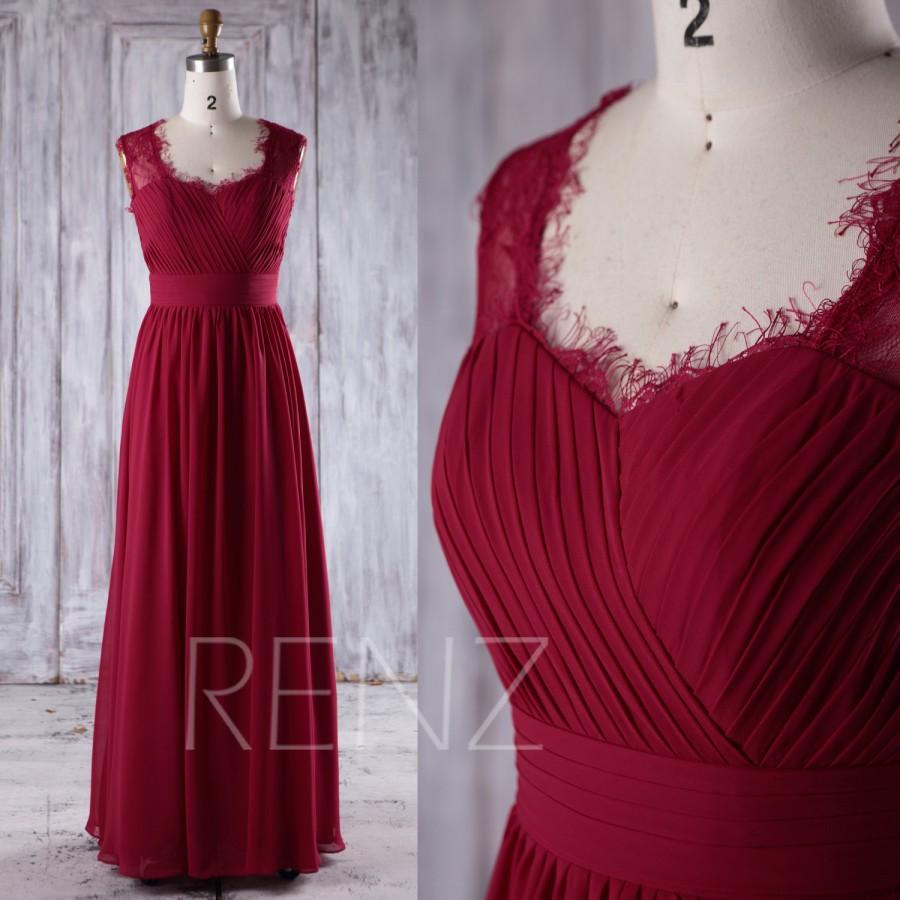 Wedding - 2017 Burgundy Chiffon Bridesmaid Dress, Sweetheart Ruched Wedding Dress, Lace Top Prom Dress, Ball Evening Gown Floor Length (CL019)
