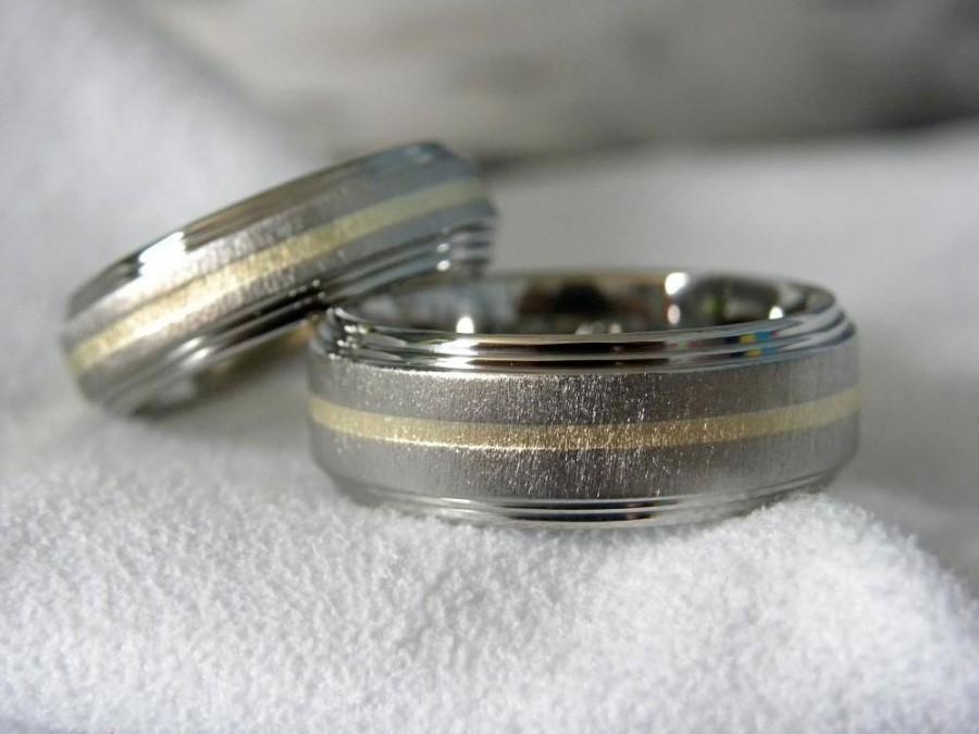 زفاف - Matching Ring Set or Wedding Bands, Titanium with Yellow Gold Inlay