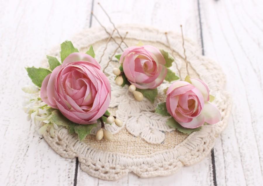 Mariage - Bridal flower bobby pins, Flower hair pins, wedding hair accessories, flower headpiece, flower hair piece, pink hair piece– Set of three