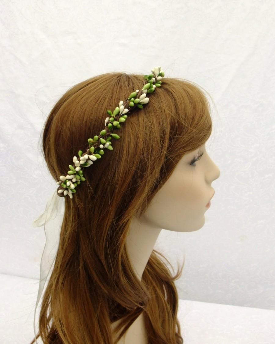 Wedding - Bridal Head Piece, Bridal Crown, Green and White Circlet, Bridal Hair Wreath, Boho Crown, Bridal Circlet, Woodland Wedding