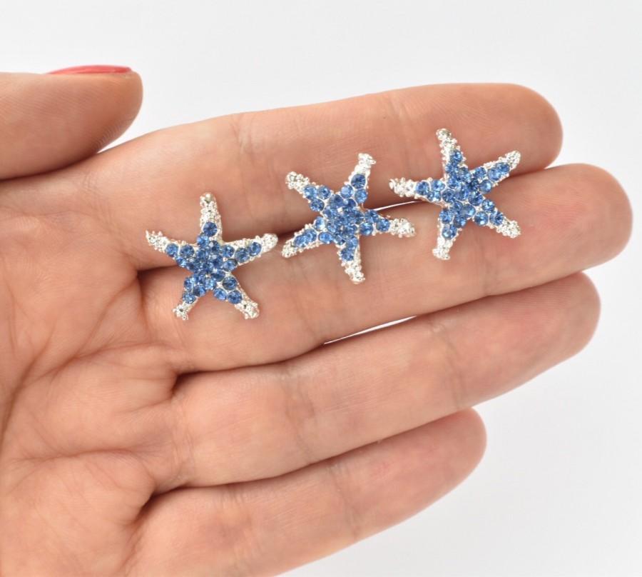 Wedding - Blue Crystal Silver Starfish Hair Pins Set of 3 Beach Wedding Hair Accessories