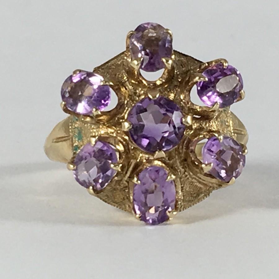 Wedding - Vintage Amethyst Cluster Ring in 10k Yellow Gold by Esemco. 1.68 TCW. Unique Engagement Ring. February Birthstone. 6th Anniversary Gift.