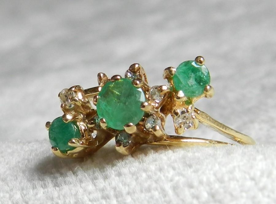 Wedding - Emerald Ring Emerald Engagement Ring 14K Emerald Diamond Ring Three Stone Ring Emerald 14K Gold Ring May Birthday Gift for Women