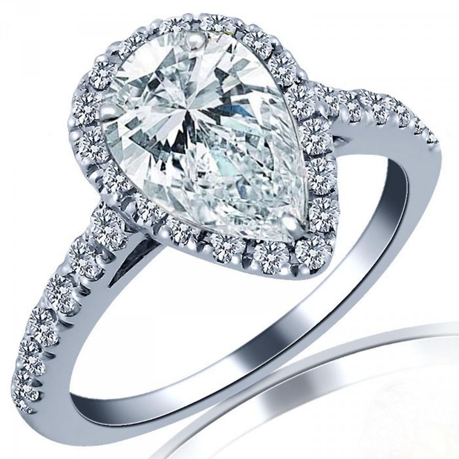 زفاف - GIA Certified, Pear Shaped Diamond, Diamond Engagement Ring, Natural Diamond, Micro pave, Halo Set, Side Round Cut Diamonds, 14k White Gold