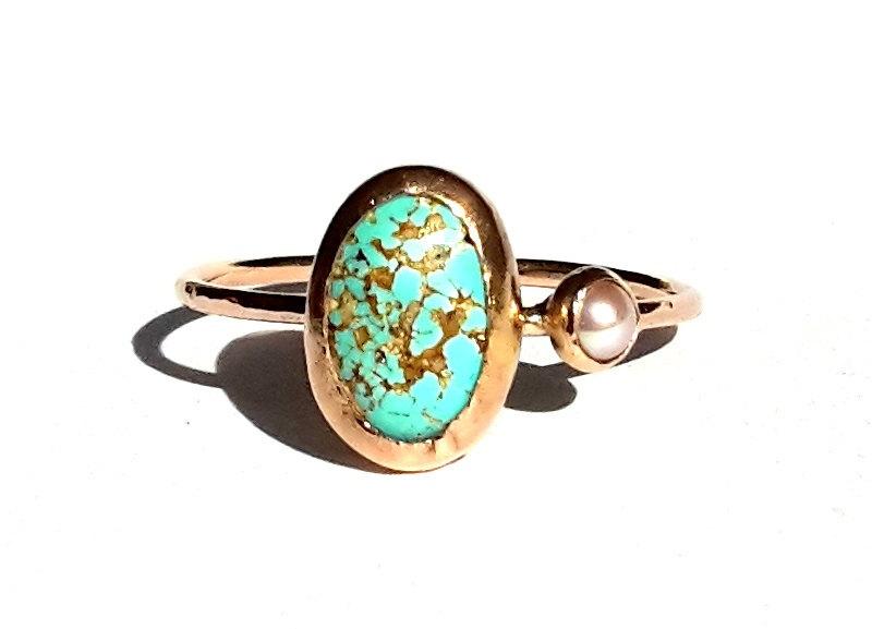 زفاف - Turquoise Ring - 14k Solid Rose Gold Ring -Turquoise Pearl Ring- Turquoise Engagement Ring -Thin Gold Engagement Ring -Turquoise Rose Gold.