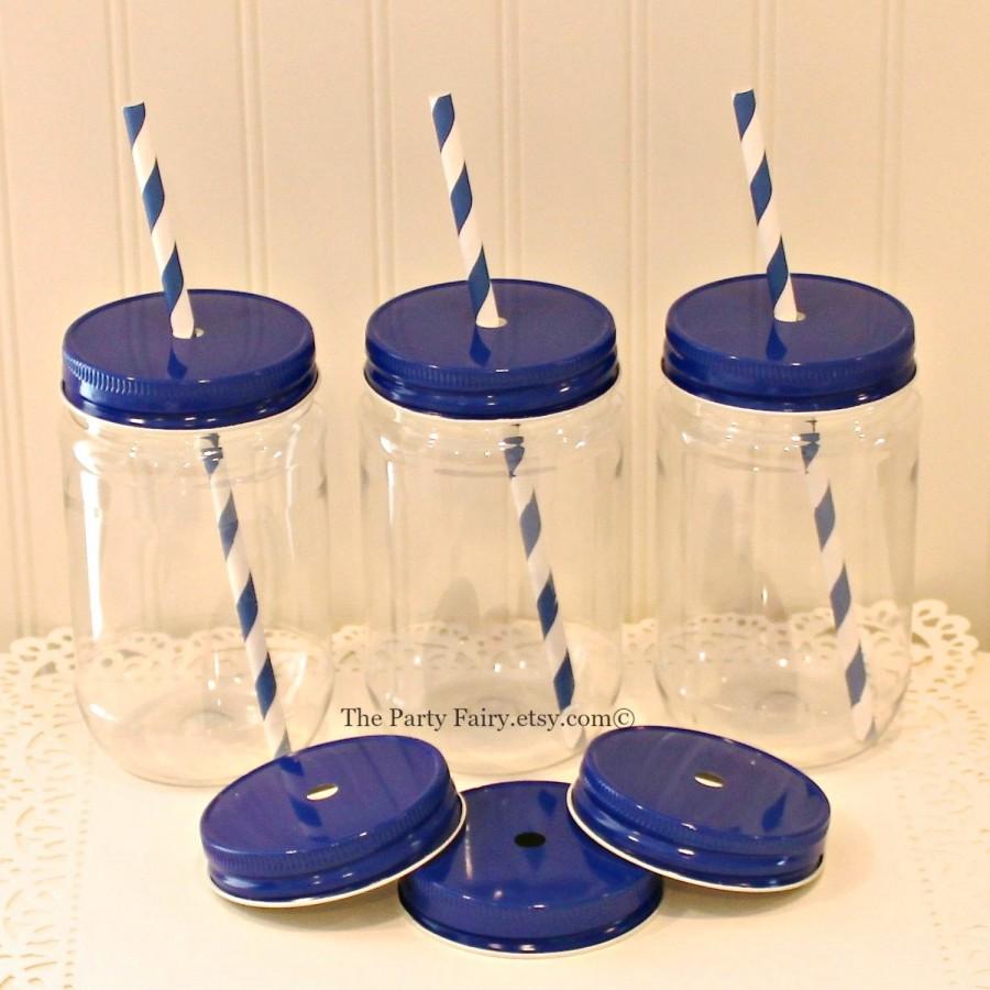 Свадьба - Plastic Mason Jar, 10 Plastic Mason Jars with Metal Straw Hole Lids, Kids Party Cups, Mason Jar  Cups, Rustic Wedding Favor, Baby Showers