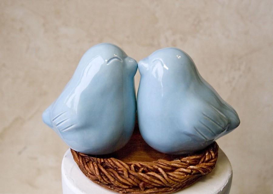 زفاف - Celadon Blue Kissing Love Bird Cake Topper