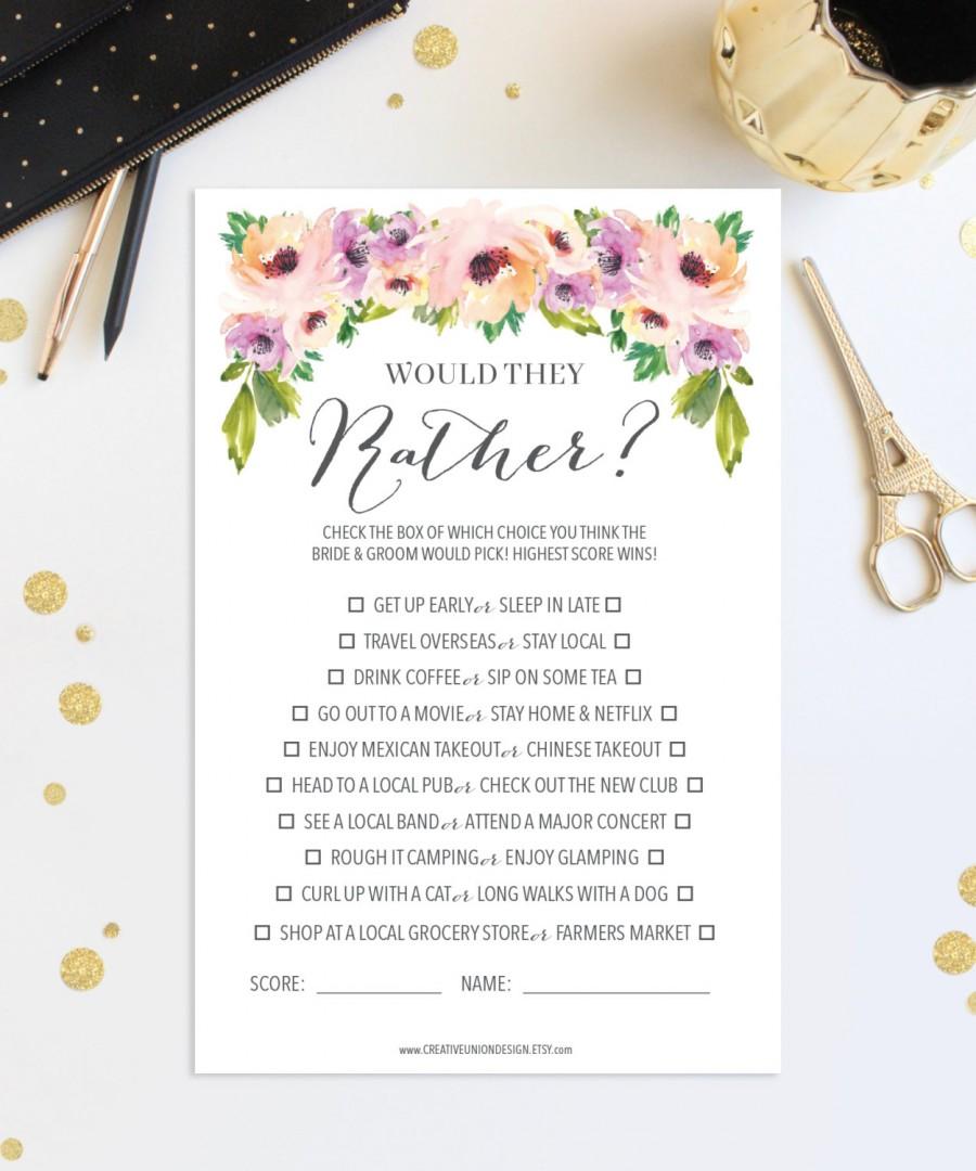 Hochzeit - Would They Rather Game Bridal Shower Game - Wild Flower Bridal Shower Game - Wedding Shower - Floral - Print at Home - Instant Download
