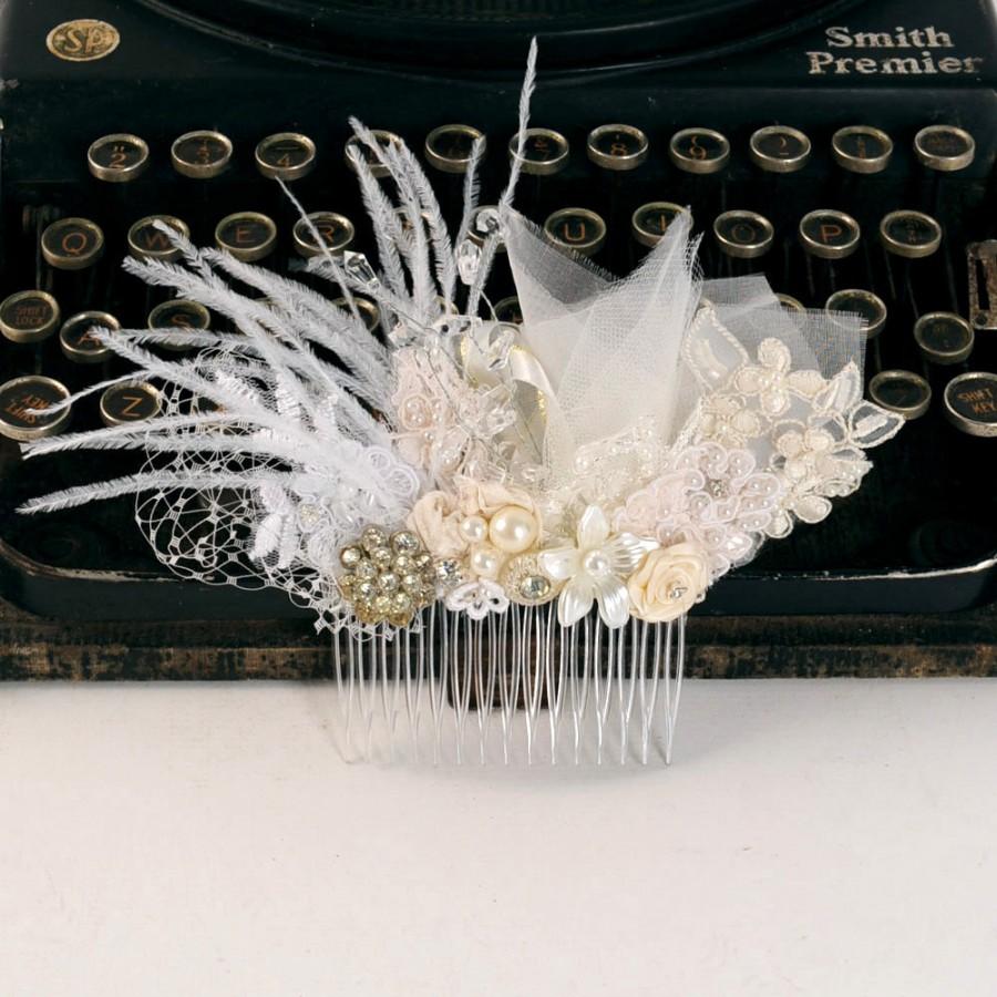 زفاف - Ivory Wedding Hair Piece, Champagne Bridal Comb, Vintage Inspired Headpiece, Feather Hair Comb, Floral Hairpiece, Bridal Hair Accessory