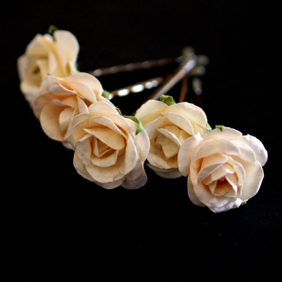 زفاف - Ivory Rose, Bridal Hair Accessories, Bohemian Wedding Hair Accessory, Cream Hair Flower, Ivory Hair Flower, Brass Bobby Pins - Set of 5