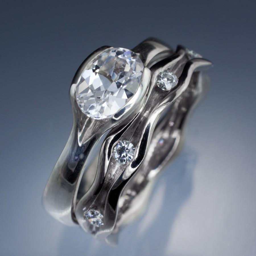 زفاف - Unique White Sapphire Engagement Ring Bridal Set Wave Wedding Band Palladium , White Gold, Yellow or Rose gold  ethical engagement ring,