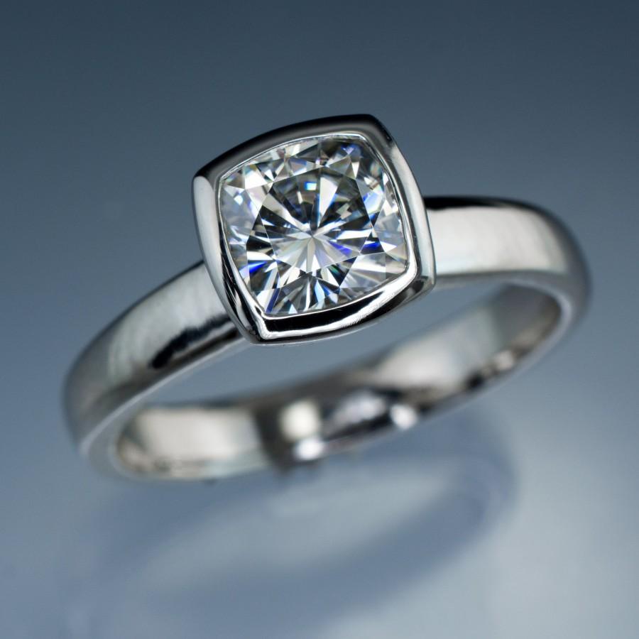 زفاف - Moissanite Bezel Set Cushion Solitaire Engagement Ring in Palladium - Alternative Engagement Ring, Forever Brilliant or One Moissanite