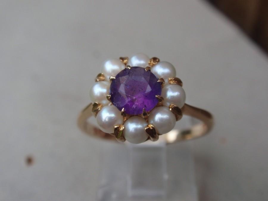Wedding - Natural Amethyst Pearl Ring Ladies Engagement 14k gold 1960s cocktail February birthstone cluster purple