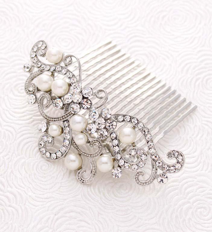 Wedding - Bridal Veil Comb, Wedding Veil Headpiece, Crystal Bridal Hair Comb, Pearl Wedding Comb, Rhinestone Silver Combs, Crystal Pearl Hair Clip