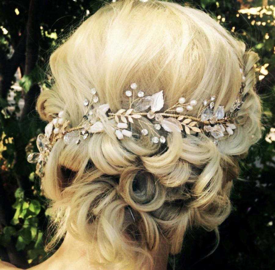 زفاف - Hair vine, Bridal antique gold leaf hair vine, wedding hair accessory, bridal wreath with clear crystal rhinestones, hair crown