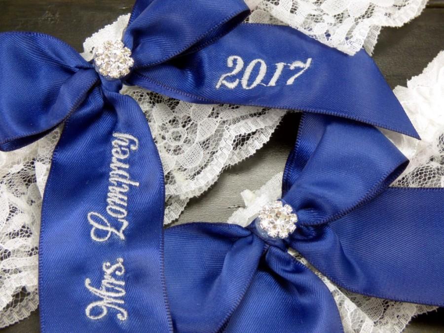Hochzeit - Embroidered Garter, Navy Blue Personalized Garter, Toss Garter, Custom Garter, Something Blue, Bridal Garter, Wedding Garter, Lace Garter