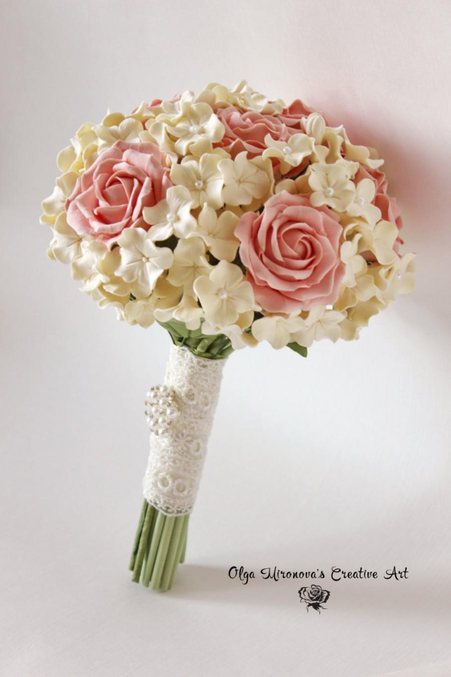 Свадьба - Elegant Romantic Alternative bridal bouquet Keepsake Wedding bouquet Peach roses bouquet with Hydrangea Clay flowers Toss bouquet Handmade