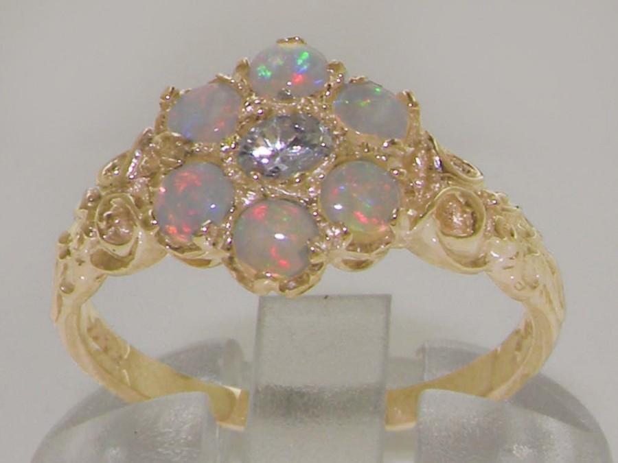 Mariage - 9K Solid Yellow Gold Natural Diamond & Opal Vintage Daisy Cluster Flower Pave Ring - Made in England -Customize:Platinum,9K,10K,14K,18K,Gold