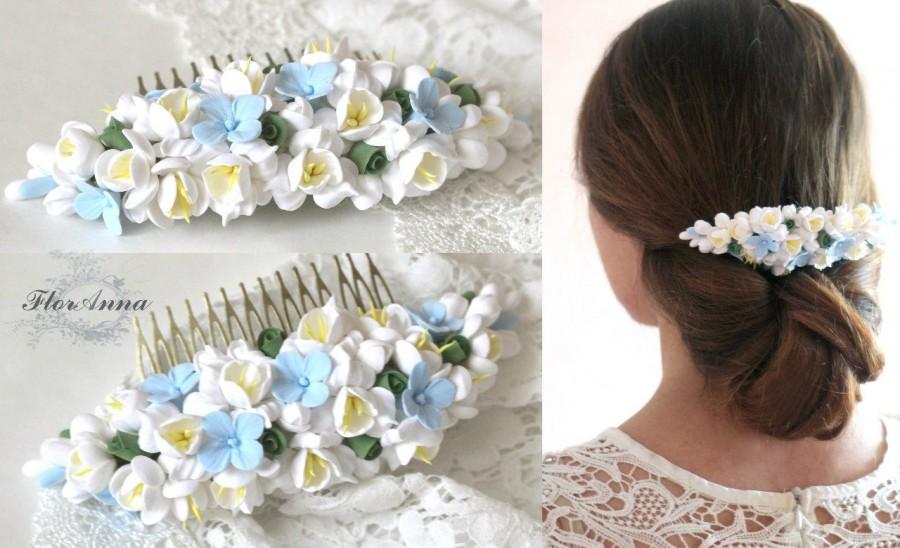 زفاف - blue comb, flower comb, wedding stuff, bride comb, fresia corsage, bridesmaids comb, gift for her, hydrangea headband, hydrangea comb, blue