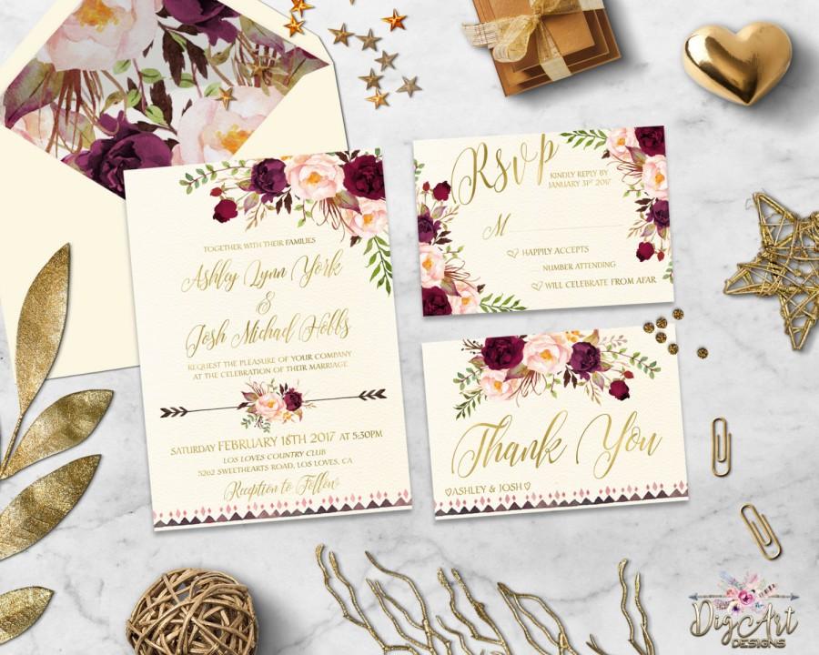 Свадьба - Boho Wedding Invitation Printable Floral Wedding Invite Gold Foil Wedding Invitation Suite Romantic Peony Wedding Invite Set Digital File
