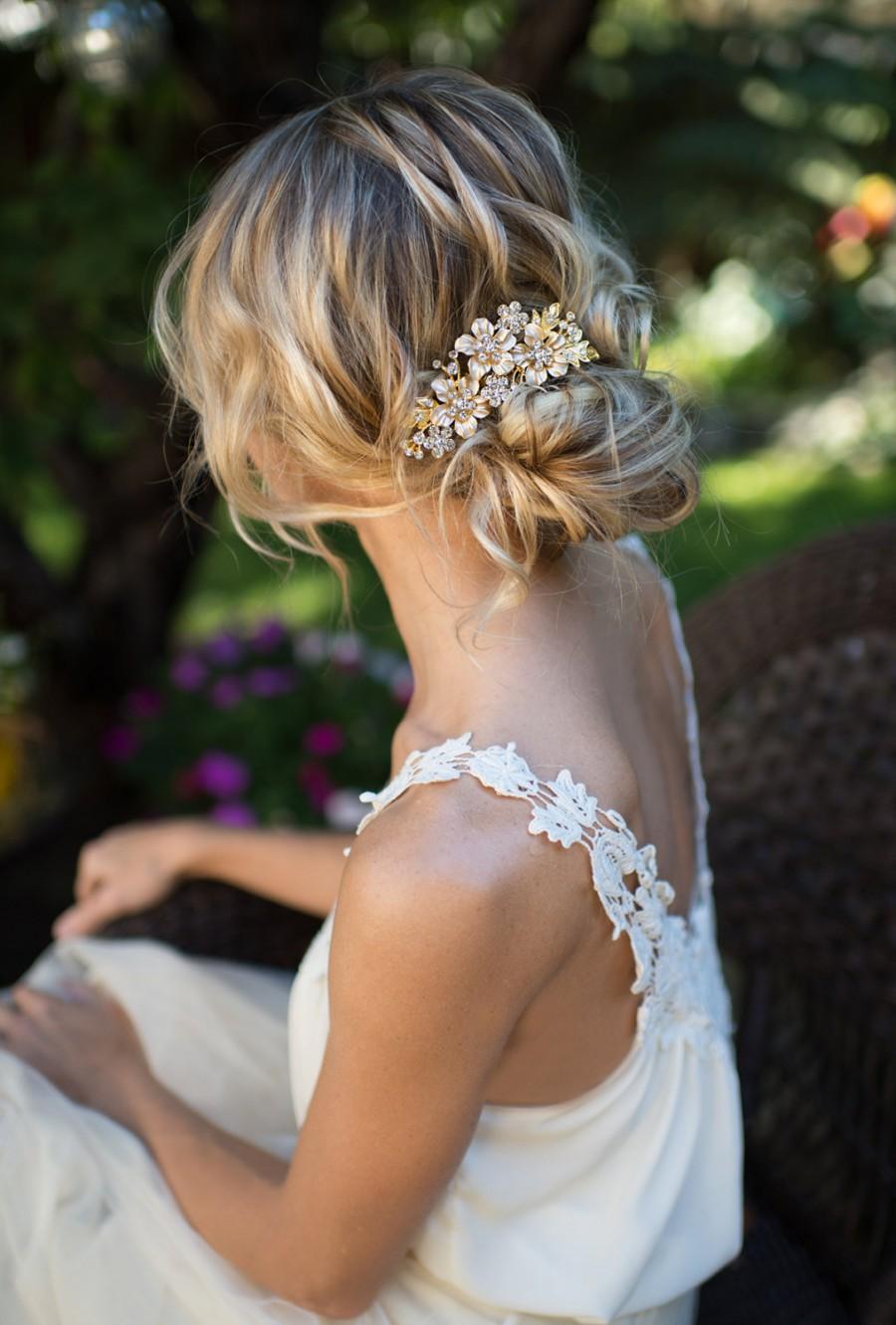 زفاف - Vintage Style Flower Bridal Haircomb, Gold Crystal Bridal Haircomb, Gold Silver Vintage Wedding hair comb, Flower 1920s Hair Comb - 'SUMMER'