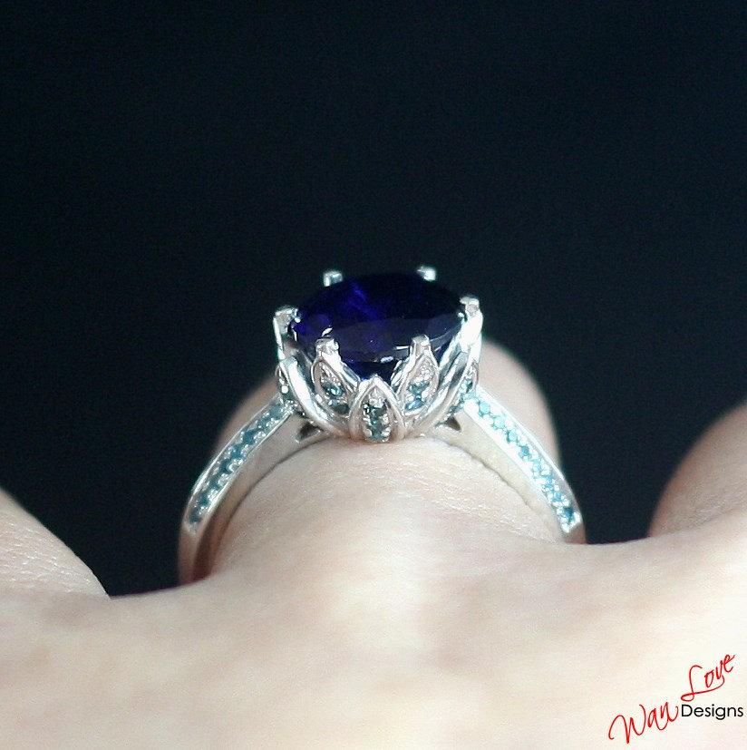 زفاف - Sapphire & Blue Diamond Lotus Flower Engagement Ring Round Cut 3ct 9mm 14k 18k White Yellow Rose Gold Platinum Custom Wedding Anniversary