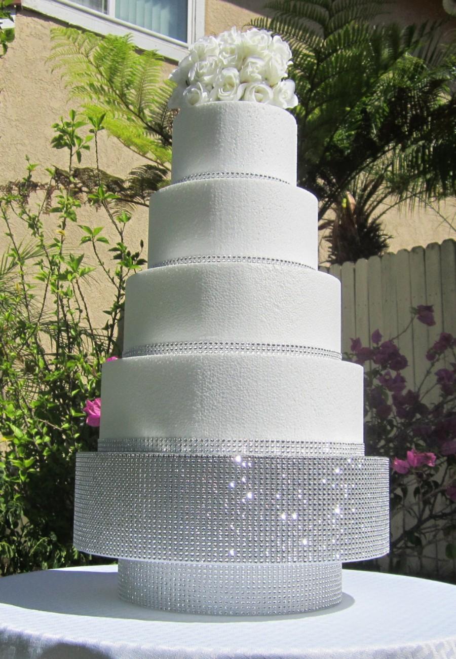 Mariage - 12" Round/Square Wedding Cake Stand Pedestal Riser Platform, Sparkly Bling Rhinestone Mesh, Foil cake board top, 6" tall Styrofoam-12 colors