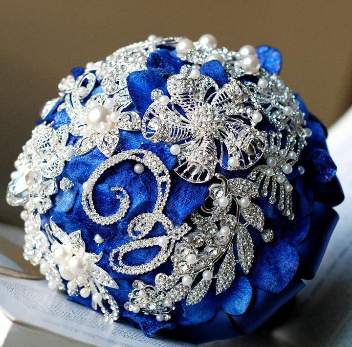 زفاف - Vintage Bridal Brooch Bouquet Pearl Rhinestone with Swarovski Crystal Initial Letter Silver Royal Blue One Day RUSH ORDER Available BB021LX