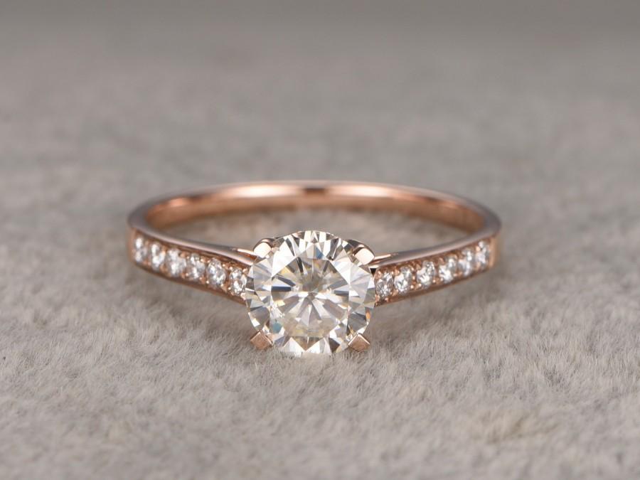 Wedding - 1ct brilliant Moissanite Engagement ring Rose gold,Moissanite wedding band,14k,6.5mm Round,Gemstone Promise Bridal Ring,4-prong,Anniversary